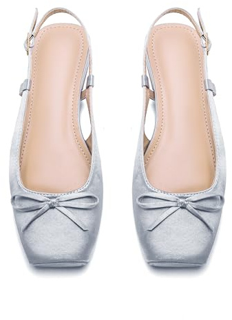 Lhamo Latso Women's Ballet Flats Slingbacks Square Toe Bow Knit Dressy Flat Shoes with Ankle Buckles Satin, Greyblue, 8 UK