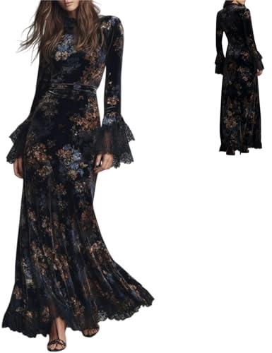 Robe d'invitée de mariage pour femme, robe fluide en velours à motif floral avec manches cloches et bordure en dentelle, robe de cocktail vintage