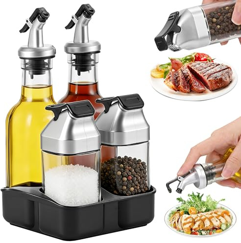 Zourglow Set 5 Pezzi Saliera & Oliera Salvagoccia, 2 x 175 ml Bottiglia per Olio Riutilizzabile, Vetro Senza Piombo, 2 x 90 ml Pepiera per Cucina Ristorante Campeggio, Salvaspazio