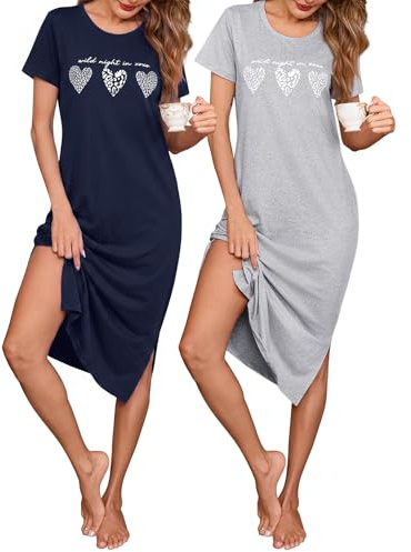 Jahetuul Lot de 2 Chemises de Nuit Femme Manches Courtes Col Rond | Manches courtes, col rond, fentes latérales, imprimé cœur pour dormir et se détendre confortablement à la maison.