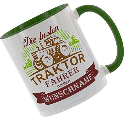 Crealuxe Kaffeetasse 'Die besten Traktorfahrer heißen... Wunschname' personalisiert, Spruchtasse, hochwertige Keramiktasse (Grün)