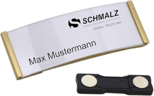 10 st namnskylt i aluminium med stark droppmagnet anodiserad silver professionell kvalitet, trendig böjd ca. 70 x 25 mm med papiereinschub - guld