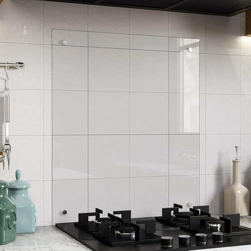 BELOFAY Clear 6mm Tempered Glass Splashback for Kitchen, Toughened Glass Heat Resistant Splashbacks for Cookers - Pre-Drilled Holes with Fixing (50x60cm)