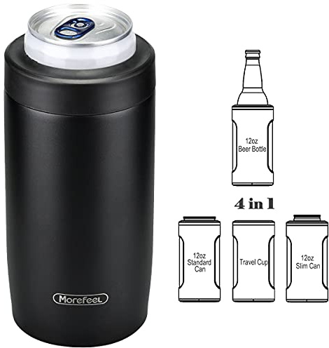 Morefeel 4-in-1 Skinny Can Cooler Double Wall Stainless Steel Insulated Can Holder, Works With 12 Oz Slim Can,Standard Cans,Beer Bottles & As Pint Cups(Black)