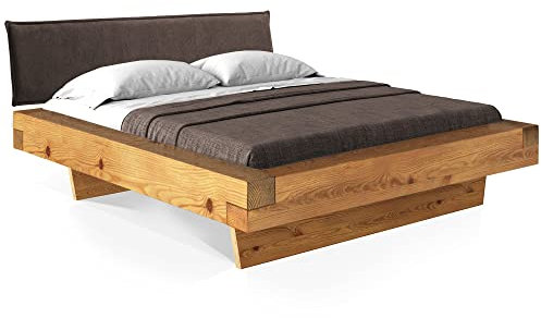 moebel-eins CURBY Balkenbett mit Polster-Kopfteil, Wangenfuß, Material Massivholz, 160 x 200 cm, Natur, Stoff Braun