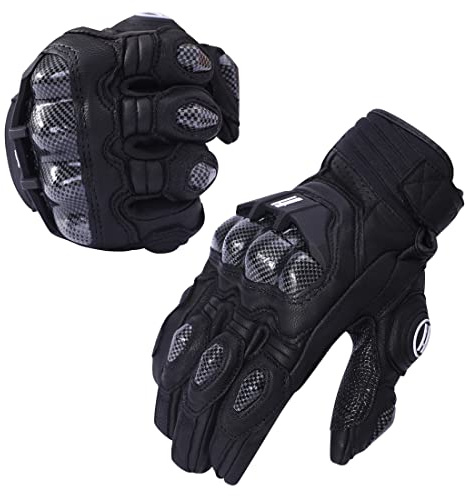 Harssidanzar Guanti da Moto in Pelle,Motociclette in pelle per uomo donna,guanti da corsa su strada con protezione per nocche Powersports KM046,Nero,Taglia M