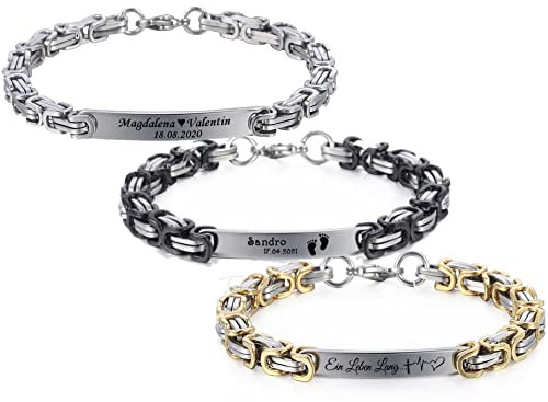 aplusashop ID Edelstahl Königsarmband mit Gravur nach Wunsch Partnerarmband in 3 Varianten mit Box (Gold-Silber, Mit Gravur)