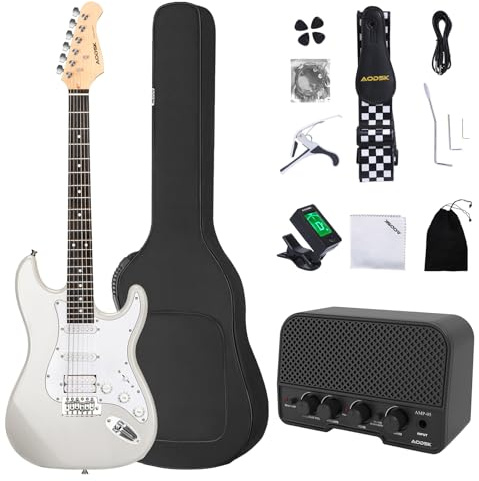 AODSK Electric Guitar with Amp Beginner Kit 39 Inch Solid Body Full Size,All Accessories,Digital Tuner,Six Strings,Four Picks,Tremolo Bar,Strap,Gig Bag,Starter kit (White-HSS)