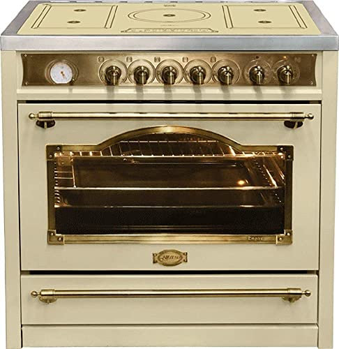 Kaiser Empire HC 93655 Retro Herd mit Induktionskochfeld 90cm Elfenbein Range Coocker | Multi 8 Elektrobackofen 115L, mit Drehspieß | 5 Induktionszonen (2 Flex-Zonen) mit Booster | Selbstreinigung