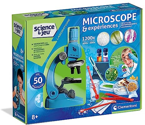 Clementoni - Microscopio ed esperimenti - Iniziazione Scienza50 Esperimenti da Eseguire - Include: vetrini di plastica, provette, pipette, lente d'ingrandimento, ingrandimento fino a 1200 volte - Età