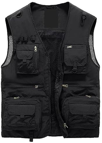 Gilet giacca cargo da uomo per lavoro safari pesca viaggi con mesh fotografica e tasche multiple, Nero , XS
