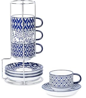 Selamica Ceramic Espresso Cups with Saucers and Metal Stand, 4 OZ Stackable Cappuccino Cups, Demitasse Cups for Latte Coffee Café Mocha Tea, Set of 4, Vintage Blue