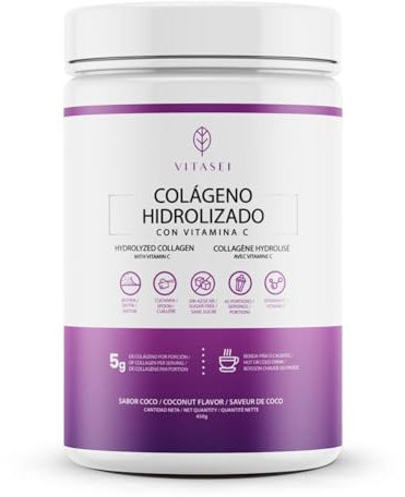 VITASEI | Collagène Hydrolysé | Vitamine C | Supplément de Protéines pour la Peau, les Cheveux, les Ongles | Os et Articulations Sains | Poudre de Collagène pour Femmes et Hommes | Noix de Coco | 450g