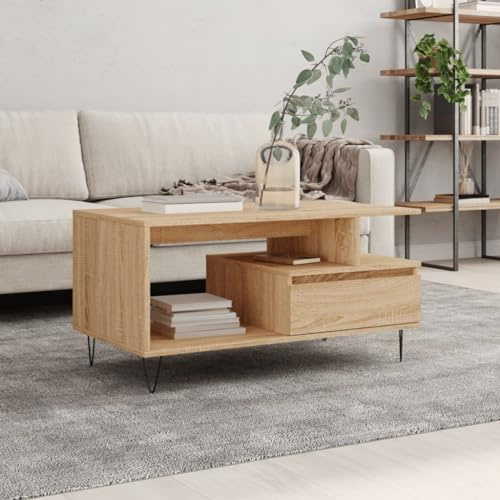 AUVYI Couchtisch mit Schublade Sonoma-Eiche 90x49x45 cm Holzwerkstoff&Metall Chautschtisch Wohnzimmertisch mit Schubladen Beistelltisch Sofatisch Holz Sideboard