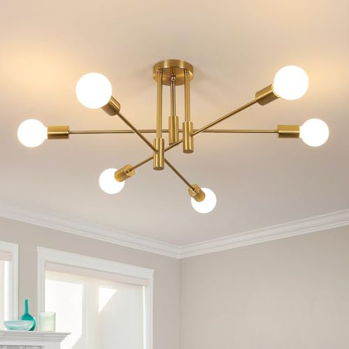Goeco Vintage Deckenleuchte 6 Flammig E27 Fassung Max. 60 W Gold Kronleuchter Retro Sputnik Deckenlampe für Schlafzimmer Wohnzimmer Küche, Glühbirnen Nicht Inbegriffen