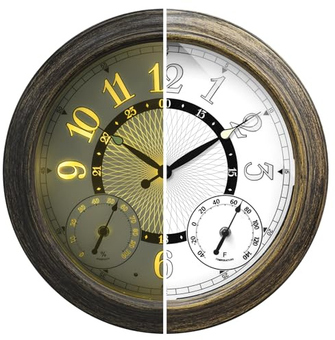Pytha Sight Outdoor Clock 15 Inch, Illuminated Garden Clock Waterproof Metal with Automatic Light Sensor, Weatherproof Wall Clock with Thermometer & Hygrometer for Porch, Patio & Pool