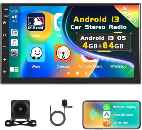 Inefala 4G + 64G 7 écran Tactile stéréo Voiture 2 DIN Android 15 avec CarPlay sans Fil Android Auto stéréo Voiture Bluetooth 2 Din Android avec GPS WiFi RDS DSP USB SWC Retrocamera MIC