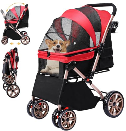 DWVO Pet Stroller for Small Medium Dogs 22kg With Storage Basket, Cup Holder - Foldable Cats and Puppies Pushchair (Red)