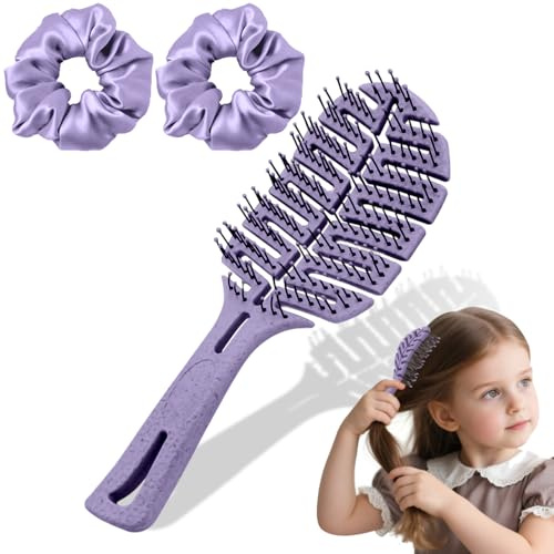 Yeria Spazzola per capelli per bambini senza tirare – Spazzola districante viola per ragazze con 2 elastici per capelli in seta – Pennello per detangler – Spazzola anti-tiro per capelli fini e ricci