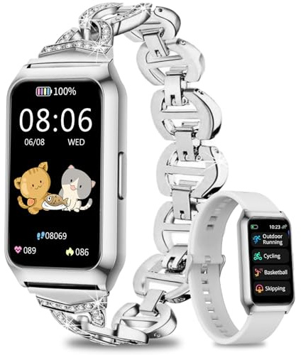 Smartklocka för kvinnor med aluminiumhölje i sliber, ultrabatteritid, 1,47 tums fitnessspårare med pulsklocka SpO2 sömnmonitor, 25 sportlägen, vattentät IP68 träningsklocka för iOS Android-telefon
