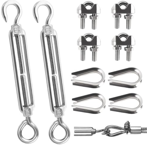 10 Piezas Tensores Cuerda Tendedero de Alambre con Abrazadera y Guardacabos de Cuerda, Kit Montaje Tensor Toldo Vela de Acero Inoxidable, Ajustable OC Tensores Cable Acero para Toldos, Soporte Planta