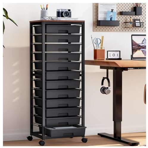 SYKIARIOL 12-Fach Schubladen-Rollwagen-Mobiler Bastelwagen mit Holzplatte, ideal für Ordnung im Haus & Büro (Schwarz)