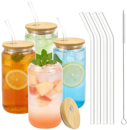 Mjuthy 4 pezzi Bicchiere con cannuccia,500 ml bicchieri in vetro con coperchio e cannuccia, Bicchieri in vetro per tè, bevande, succhi, caffè freddo, latte macchiato, frullati, cocktail e Whisky