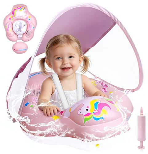 Salvagente Neonato con Parasole, Ciambella Neonato Mare, Anello Galleggiante per Bambini SPF 50+ Sedile di Sicurezza Regolabile, per Bambini da 6 a 36 mesi
