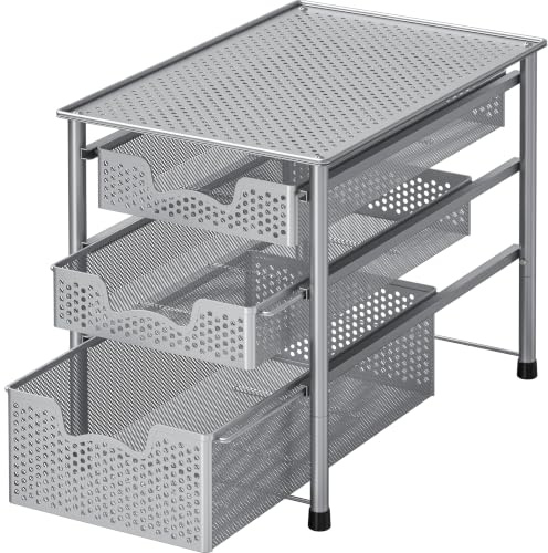 Simple Houseware Stackable 3 Tier Sliding Basket Organizer Drawer, Silver