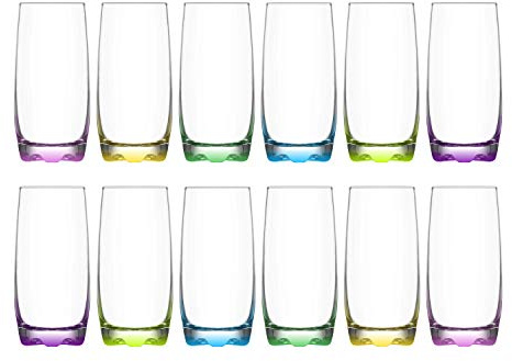 Lucenté Highball Tumbler Drinking Glasses with Coloured Base Design - 340ml Capacity - Great Value Set of 12 Glasses