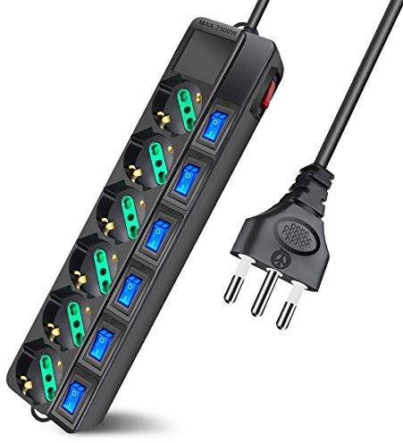 Extrastar Multipresa ciabatta elettrica 6 Posti 10/16A Bipasso Schuko 250V Max:2500W con interruttori indipendenti 1,3MT(Nero)