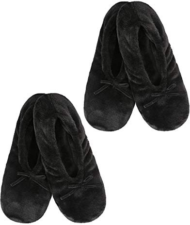 Panda Bros 2 Pairs Women's Ballerina House Slippers, Anti-Skid Comfy Warm Ballet Style Slippers(Black, 8-10)