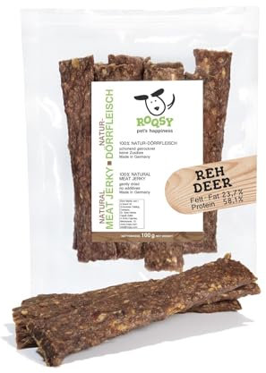 ROQSY Natur-Dörrfleisch 100% REH – Getreidefrei, Kauartikel, Trockenfleisch, Leckerli für Hunde, Idealer Snack für Welpen, Kaustreifen, Barf-fähig, Jerky – 100g