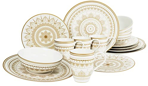 CreaTable, 23596, Serie MANDALA GOLD - Weiss, 16-teiliges Geschirrset, Kombiservice aus Steinzeug, spülmaschinen- und mikrowellengeeignet, Qualitätsproduktion