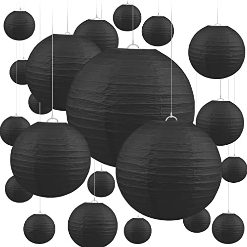 Jangostor 20PCS Black Paper Lantern Round Paper Lantern Hanging Paper Lanterns Decorations, 15 CM, 20 CM, 25 CM, 30 CM Different Sizes lantern lamp shades for Wedding Birthday Celebrations Garden
