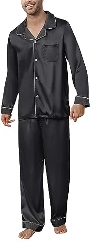 U2SKIIN Mens Silk Pajamas Set, Long Sleeve Satin Pajamas for Men Sleepwear Button Down Pjs Set Two-piece(BLACK,L)