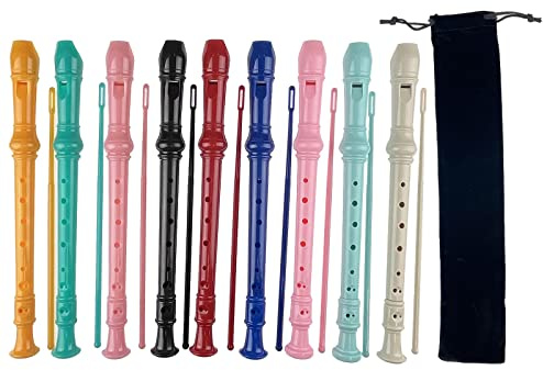 Miokun 9 Pack ABS German Style 8 Hole Descant Soprano Recorders with Cleaning Rod, Black Storage Bag (Multicolor-9 pack)