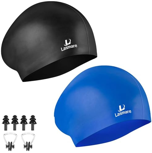 Long Hair Swim Cap for Women 2 Pack, Silicone Swimming Caps for Unisex Adult Women Men with Ear Plugs & Nose Clip Set, Waterproof Adult Swim Hats Bathing Caps to Keep Hair Dry(Black+Blue)