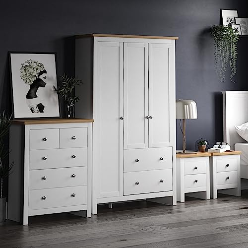 Vida Designs Arlington 4 Piece Bedroom Sets, Bedside cabinet x2, Chest of Drawer & Wardrobe (White, 2 D Chest x2/ 5 D Chest/ 3 Door 2 Drawer Wardrobe)