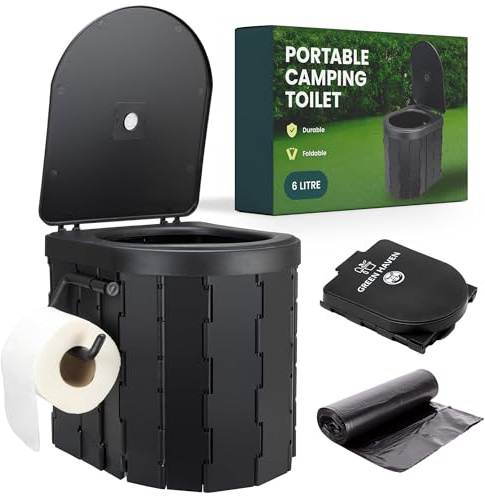 Green Haven Foldable Camping Toilet – Portable Loo for Adults with 6L Washable Basket & Built-in Roll Holder – Travel Toilet for Caravan, Festival, Outdoor, Indoor Emergency Use