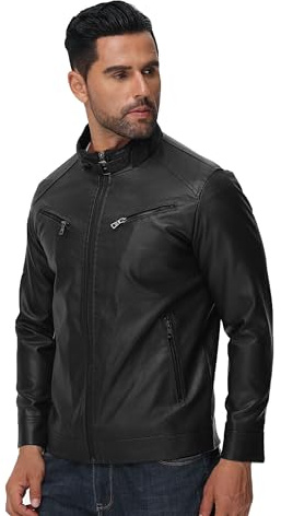 DON JOHNSON Giacca in Pelle Sintetica da Uomo Giubbotto Ecopelle in Similpelle Stile Biker in Finta pelle Casual Vintage (IT, Testo, L, Regular, Regular, Nero)