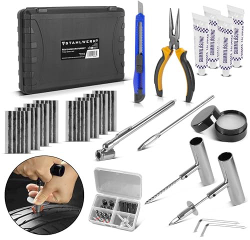 STAHLWERK Reifenreparaturset 72-teilig | Reifenreparatur Kit Kfz | Flickset Auto Motorrad | Notfallwerkzeug