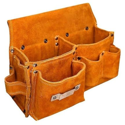 Bolsa de herramientas de cuero para carpinteros, cinturón de trabajo resistente con bolsillos dobles uno al lado, construcción duradera de gamuza de vaca, 26 x 9 x 18 cm, amarillo 1008 (cinturón de