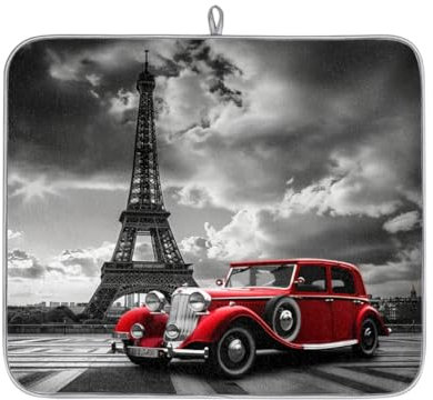 Paris - Tapete de secado de platos de la Torre Eiffel para encimera de cocina, tapete absorbente rojo para máquina de café, tapete escurridor de platos de microfibra antideslizante, 16 x 18 pulgadas