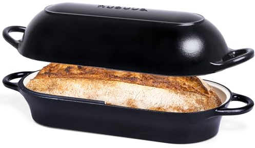 Enamelled Cast Iron Bread Loaf Pot – Dutch Oven for Sourdough Bread Baking – Oven Safe Non Stick Bread Pot – Rectangular, Black, 32cm x 16cm – by Nuovva