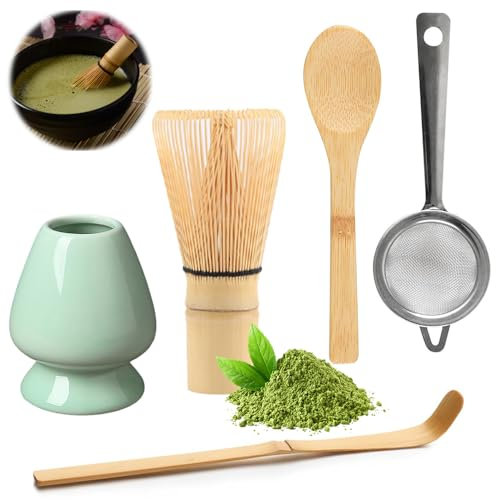 WDKXCN Matcha Set, 5 Pcs Matcha Kit, Matcha Tea Set with Matcha Whisk and Bowl, Strainer, Broom Holder, Spoons Made of Bamboo, for Beginners and Matcha Lovers (Powder Not Included)