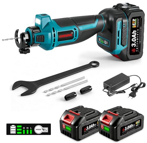 ONEVAN Akku Trockenbaufräse, kabelloser rotationsschneider, 35 mm Schnitttiefe, 2x3.0Ah Akkus, Bürstenlose Trockenbau Schneidewerkzeug Rotationsschneider für Schneiden Holz, Trockenbauwänden