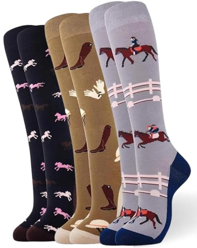 Fjquamitix 3 Pairs Horse Riding Socks for Women Funny Equestrian Knee High Socks Novelty Gift for Horse Lover Cowgirl Equestrian Party Favors