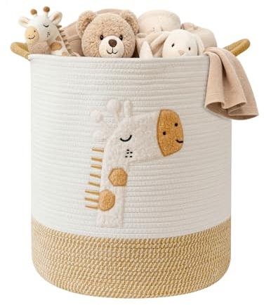 Cesto Portabiancheria 51L Grande Cesta Giochi Bambini Cesto Biancheria Sporca Contenitore Giochi Cestini Portaoggetti, Cesta di Stoccaggio in Corda di Cotone per Bambini con Maniglie, Giraffa