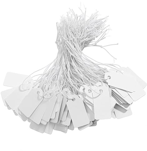 Price Tags with String 100Pcs 13x26mm White Writable Paper Strung Tags Mini Retail Pricing Labels for Jewellery Clothing Gift Display & Merchandise Price Marking